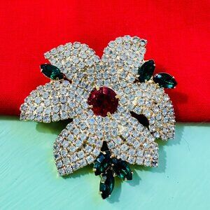 Vintage Christmas Poinsettia Brooch Vintage Xmas Costumer Jewelry Pin Rhinestone